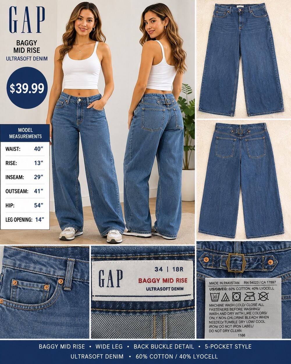 GAP Baggy Mid Rise Jeans Women 34/18R Blue Wide Leg Ultrasoft Denim Buckle EUC